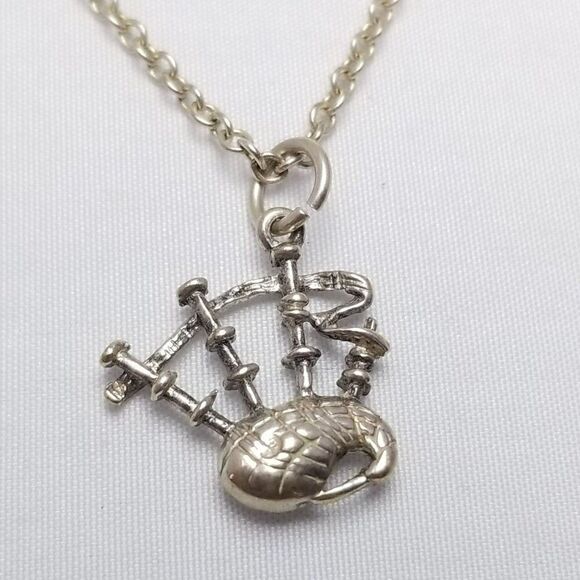 Vintage Bagpipe Shape Pendant Charm, Sterling Silver Chain, Scottish, Estate - Picture 1 of 9
